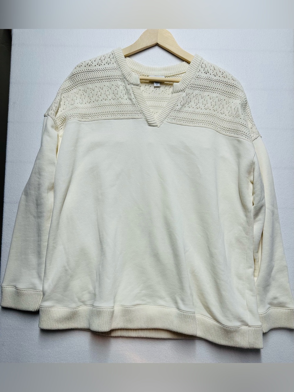 Pure Jill Women’s XL Tall 100% Cotton Sweater – Cream Knit – V‑Neck Lace Detail